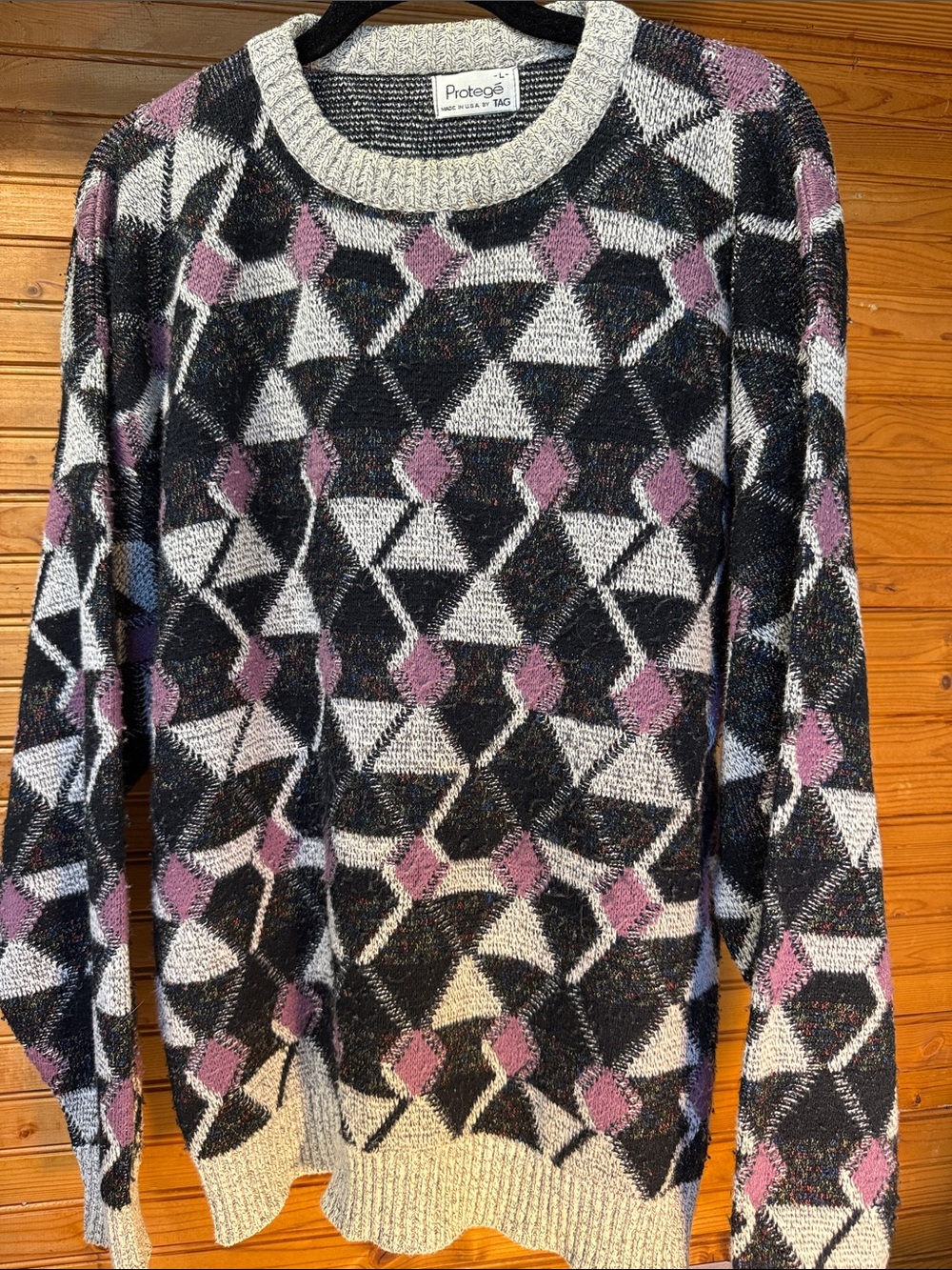 Vintage Protege Black Crewneck Sweater with Purple & Cream Geometric Design